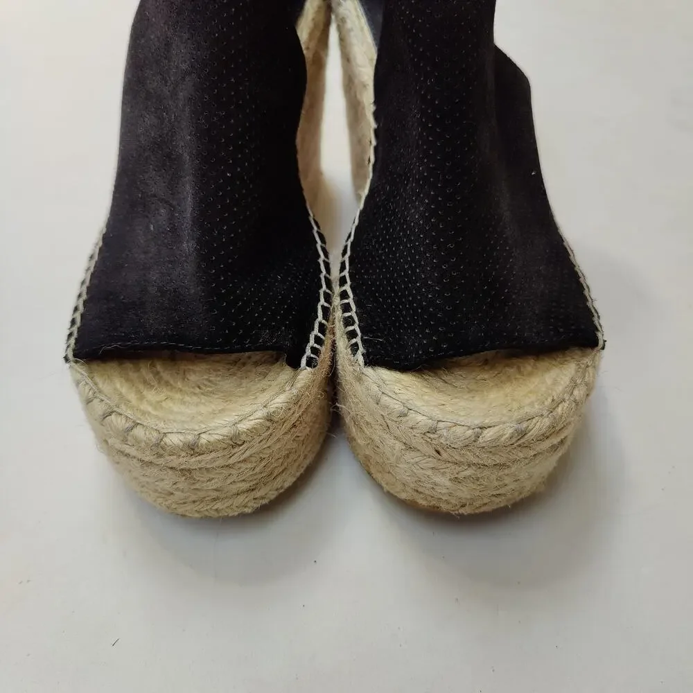 Marc Fisher Womens Sz 9.5 Annie Black Perforated Leather Espadrille Wedge Sandal